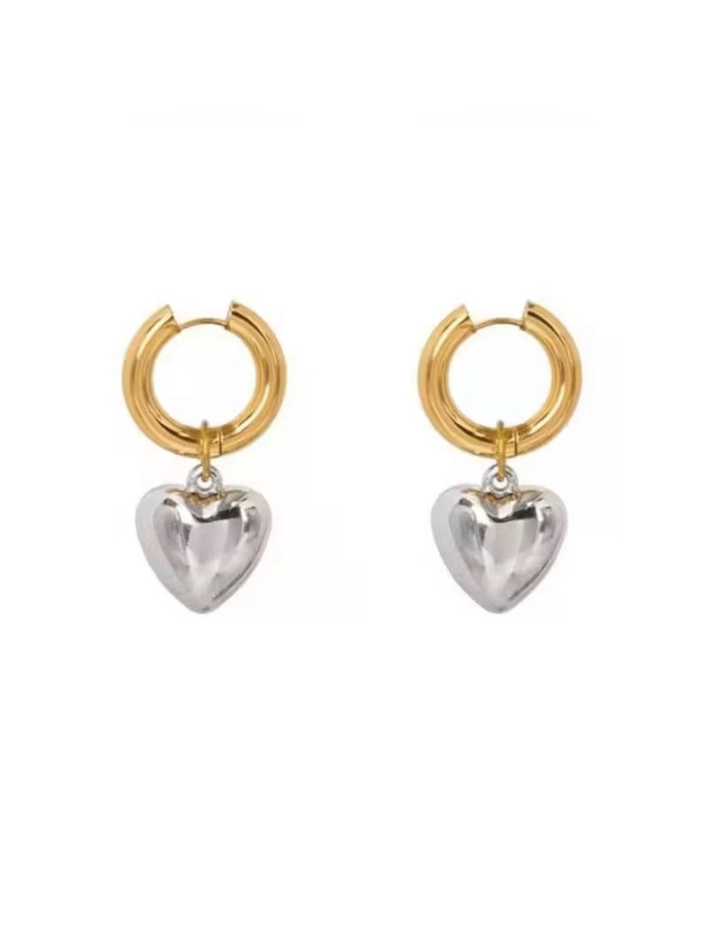 Two-Tone Gold and Silver Puffed Heart Huggie Hoop Earrings E003